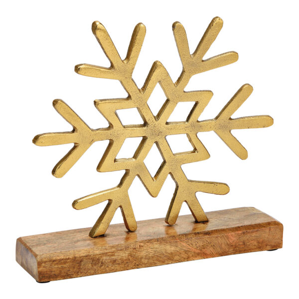Copo de nieve sobre base de madera de mango de metal dorado (An./Al./Pr.) 22x23x6cm