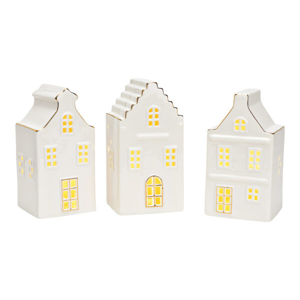 Casa con luz, funciona con pilas 3xLR44, con temporizador, de porcelana blanca, 3 compartimentos, (an./al./pr.) 8x17x8cm