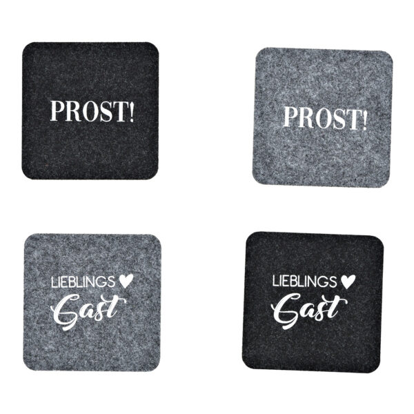Posavasos con frase en fieltro gris, 4 surtido, (An./Al.) 10 x 10 cm