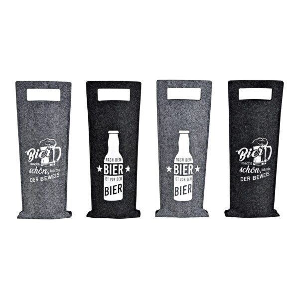 Bolsa para botellas con frase en fieltro gris, 4 compartimentos, (ancho/alto) 14 x 38 cm
