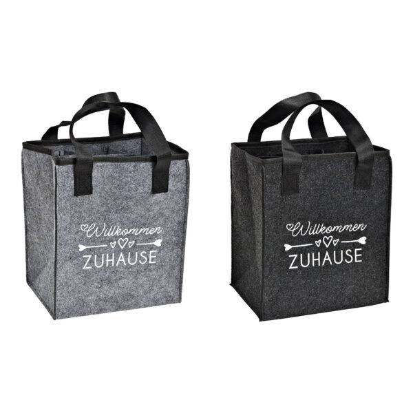 Portabotellas para 6 botellas con letras de fieltro gris, doble compartimento, (An./Al./Pr.) 24 x 28 x 18 cm