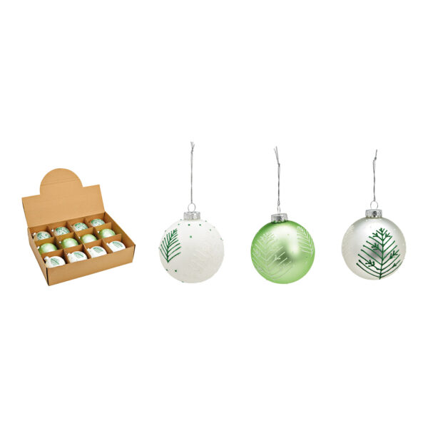 Bola de Navidad de cristal decorativa de color blanco y verde, 3 unidades, (ancho/alto/profundidad) 8 x 8 x 8 cm, Ø 8 cm