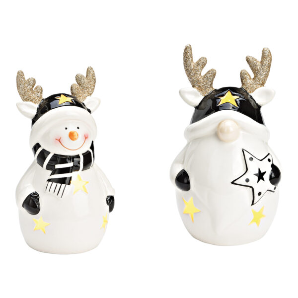 Gnomo, muñeco de nieve con LED de cerámica negro, blanco 2 surtido, (An./Al./Pr.) 10x16x10cm