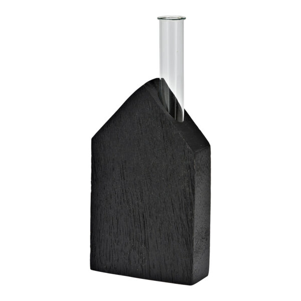 Jarrón casa de madera de mango, cristal negro (An./Al./Pr.) 9x20x3cm