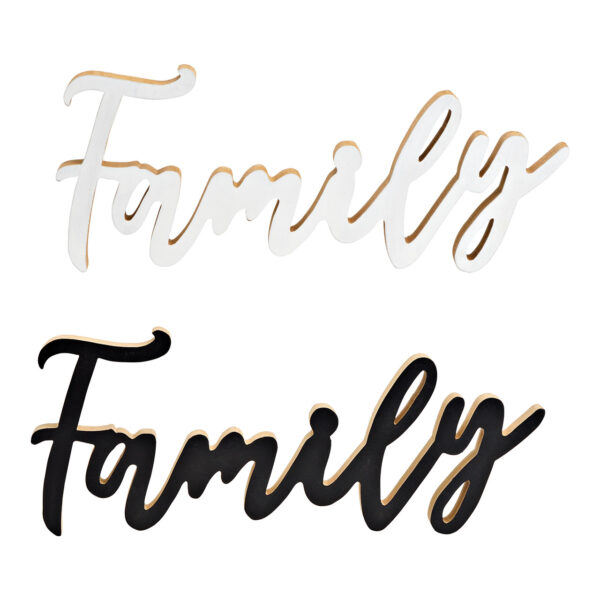 Letrero de madera con texto "Familia" en blanco y negro, 2 surtido, (an./al./pr.) 29 x 12 x 2 cm