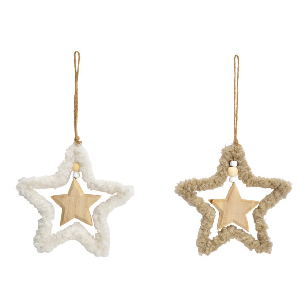 Para colgar estrella de madera, metal, textil marrón, blanco, 2 surtido, (An./Al./Pr.) 18x18x1cm