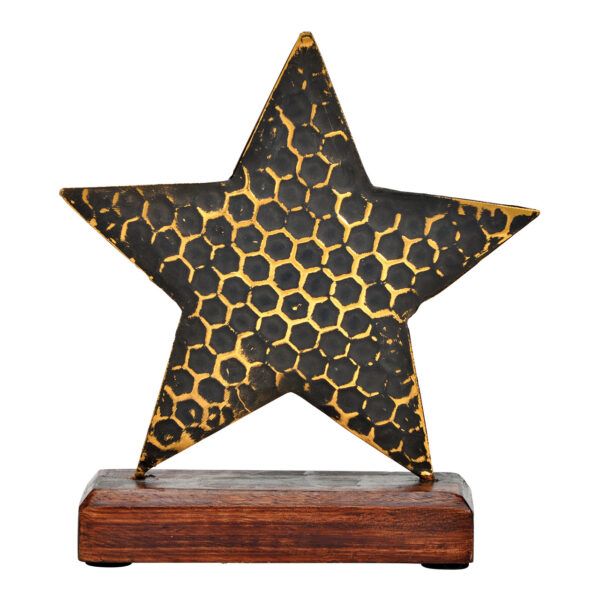 Estrella de pie sobre base de madera de mango de metal negro (An./Al./Pr.) 15x17x5cm
