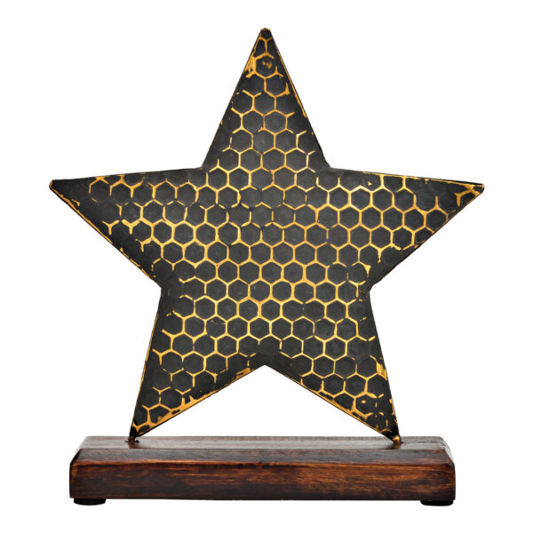 Estrella de pie sobre base de madera de mango de metal negro (An./Al./Pr.) 20x22x5cm