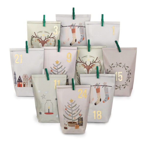Calendario de adviento con bolsas impresas y clips de papel/cartón verde y blanco pastel (ancho/alto/profundidad) 24 x 21 x 2 cm