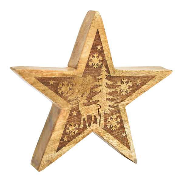 Estrella con decoración invernal madera de mango natural (An./Al./Pr.) 20x20x4cm
