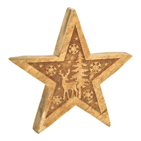 Estrella con decoración invernal madera de mango natural (An./Al./Pr.) 25x25x4cm