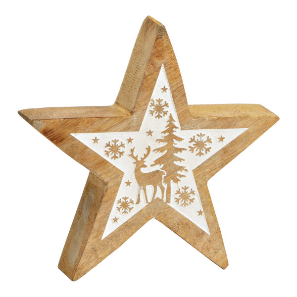 Estrella con decoración invernal de madera de mango natural, color blanco (An./Al./Pr.) 15x15x4cm