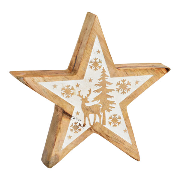 Estrella con decoración invernal de madera de mango natural, color blanco (An./Al./Pr.) 20x20x4cm