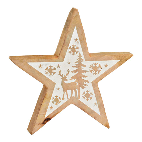 Estrella con decoración invernal de madera de mango natural, color blanco (An./Al./Pr.) 25x25x4cm