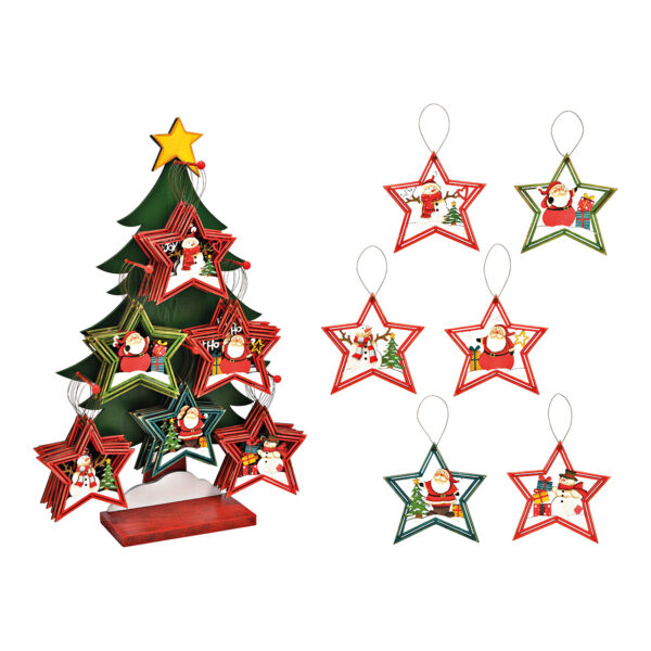 Para colgar navideña estrella de madera de colores 6 surtido, (An/Al) 13x14cm en soporte para árbol 34x58x10cm