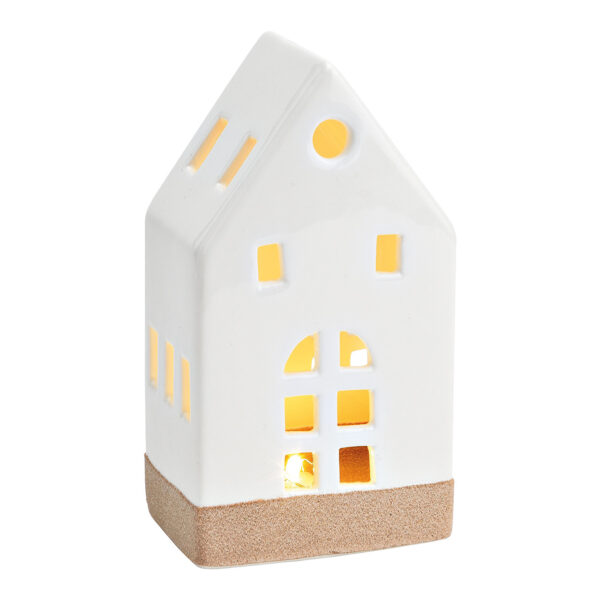 Casa con luz LED, funcionamiento a pilas 2xLR44 no incluidas, fabricada en porcelana blanca (An./Al./Pr.) 8x15x6cm