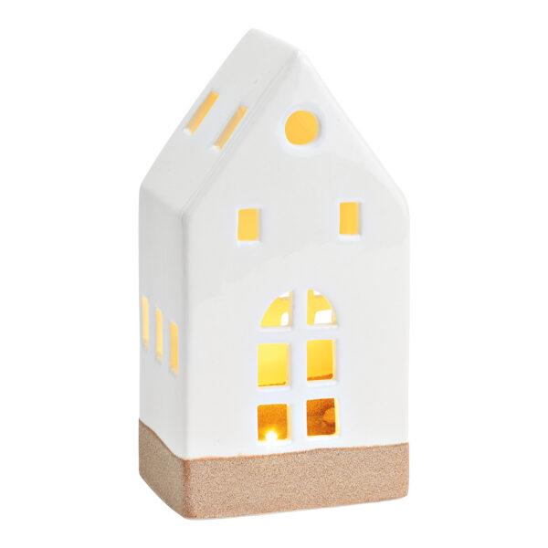 Casa con luz LED, funcionamiento a pilas 2xLR44 no incluidas, fabricada en porcelana blanca (An./Al./Pr.) 10x18x6cm