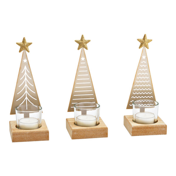 Lámpara de viento con forma de abeto de metal, madera y copa de champán, 3 luces (ancho/alto/profundidad) 7 x 18 x 7 cm