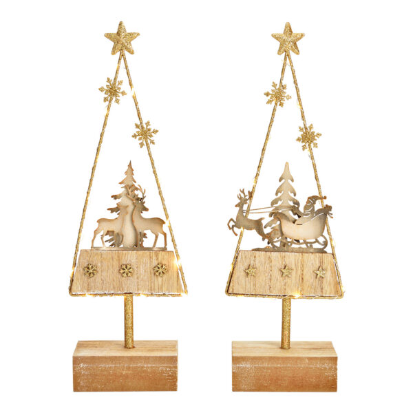 Stand paisaje invernal con LED de madera natural, dorado 2 surtido, (An./Al./Pr.) 12x34x6cm