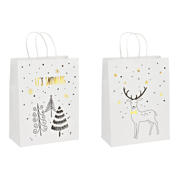 Bolsa de regalo, Está nevando, ciervo, de papel/cartón blanco, 2 surtido, (An/Al/Pr) 25x33x12cm