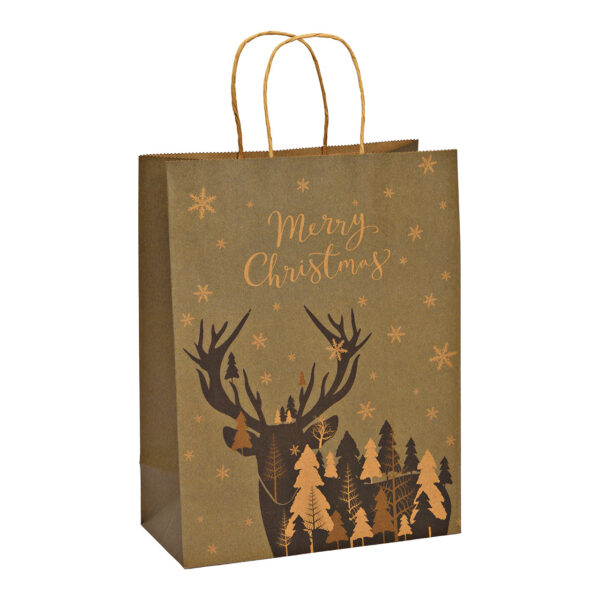Bolsa de regalo, ciervo, Feliz Navidad, hecha de papel/cartón marrón (An./Al./Pr.) 25x33x12cm