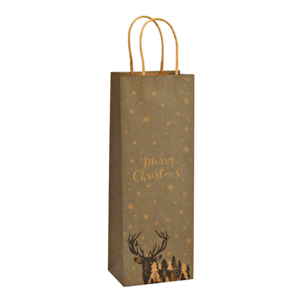 Bolsa para botellas, ciervo, Feliz Navidad, de papel/cartón marrón (An./Al./Pr.) 12x35x9cm