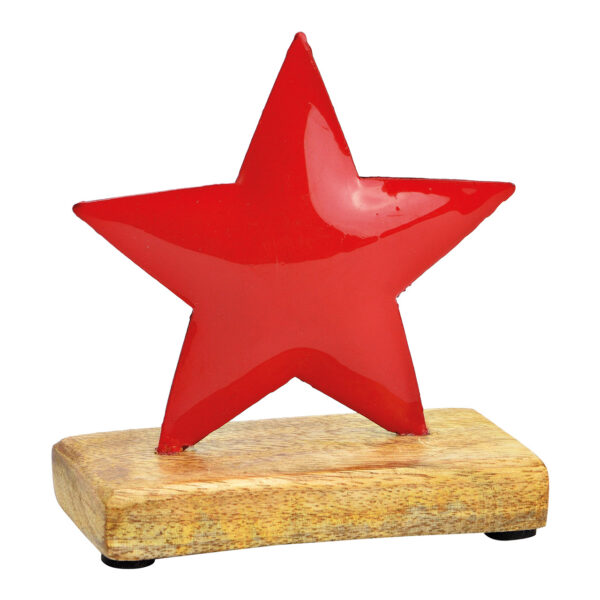 Estrella de pie sobre base de madera de mango de metal rojo (An./Al./Pr.) 11x10x5cm
