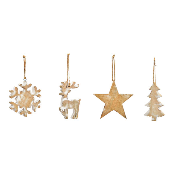 Para colgar navideña con forma de estrella, árbol, ciervo y copo de nieve, de madera de mango natural, color blanco, 4 compartimentos, (ancho/alto/profundidad) 12 x 12 x 1 cm