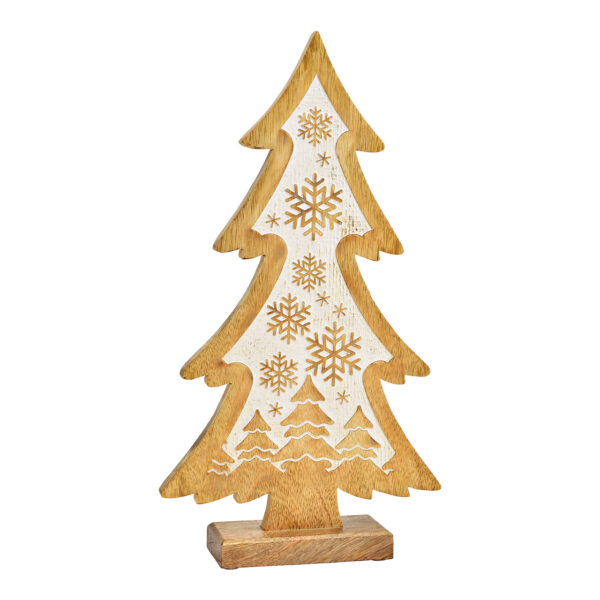 Soporte para abeto, decoración de copos de nieve de madera de mango natural, blanco (ancho/alto/profundidad) 23 x 42 x 6 cm