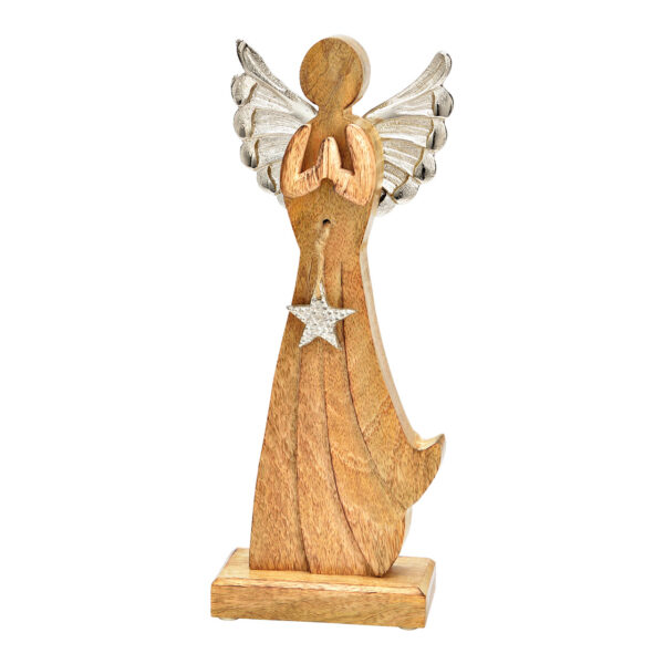 Ángel de pie, con alas de metal, fabricado en madera de mango natural (An./Al./Pr.) 12x32x6cm