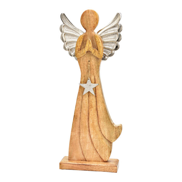 Ángel de pie, con alas de metal, fabricado en madera de mango natural (An./Al./Pr.) 18x47x6cm