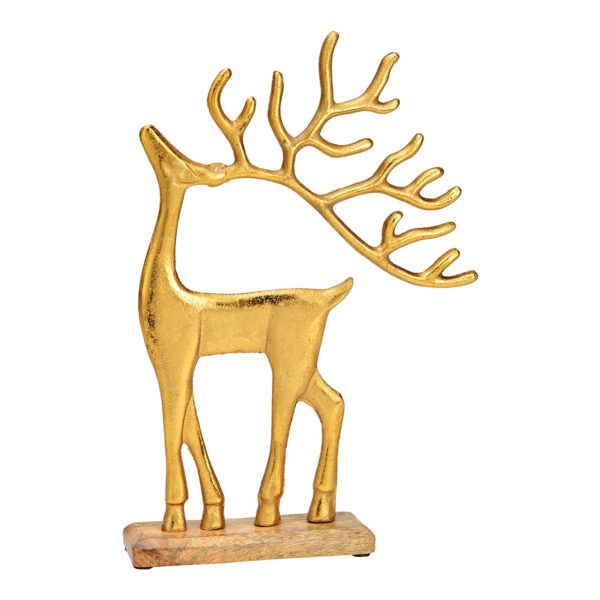 Figura de ciervo sobre base de madera de mango, fabricada en metal dorado (An./Al./Pr.) 22x33x5cm