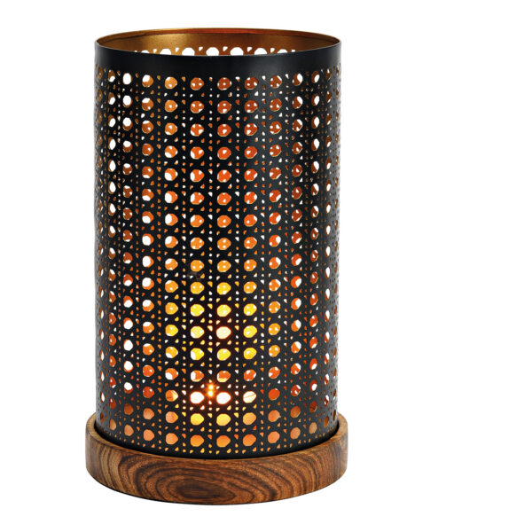 Lámpara de viento sobre base de madera de mango, metal negro y dorado (an./al./pr.) 16 x 28 x 16 cm
