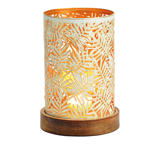 Lámpara de viento sobre base de madera de mango, metal blanco, dorado (an./al./pr.) 10x18x10cm