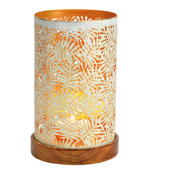 Lámpara de viento sobre base de madera de mango, metal blanco, dorado (an./al./pr.) 13x22x13cm