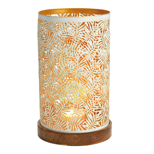 Lámpara de viento sobre base de madera de mango, metal blanco, dorado (an./al./pr.) 16x28x16cm