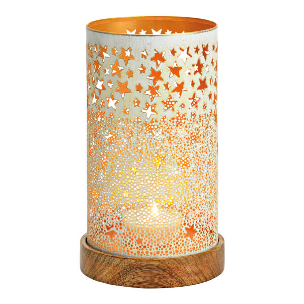 Lámpara de viento sobre base de madera de mango, metal blanco, dorado (an./al./pr.) 13x22x13cm