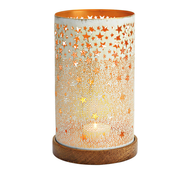 Lámpara de viento sobre base de madera de mango, metal blanco, dorado (an./al./pr.) 16x28x16cm