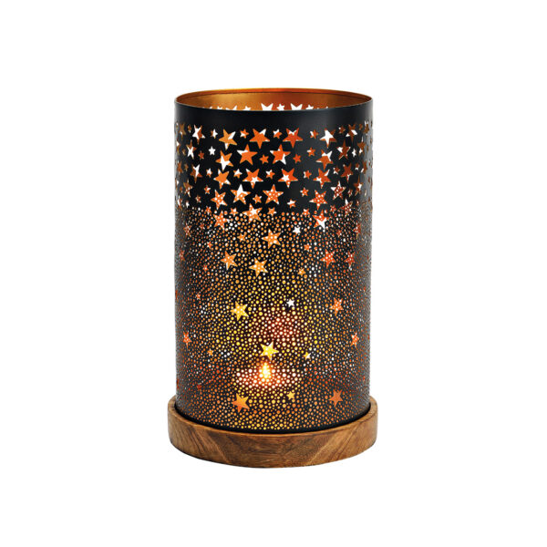 Lámpara de viento sobre base de madera de mango, metal negro y dorado (an./al./pr.) 16 x 28 x 16 cm