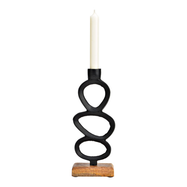Candelero sobre base de madera de mango metal negro (An/Al/Pr) 10x25x5cm