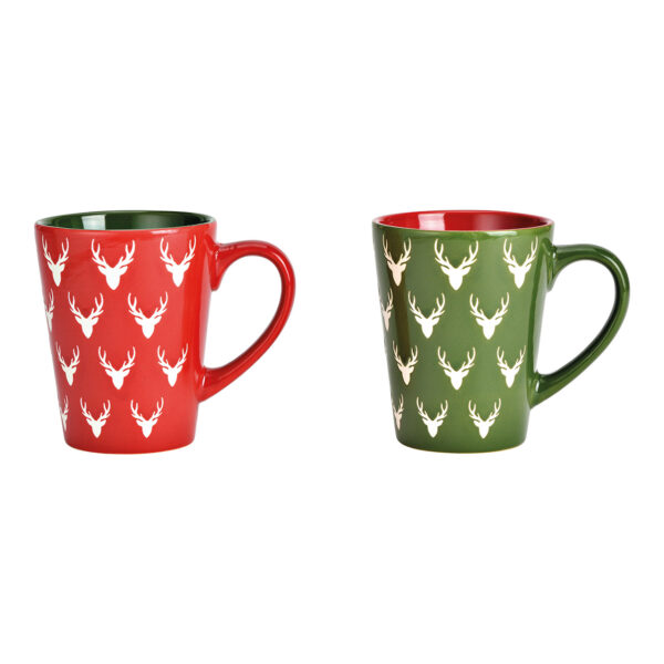 Taza con decoración de cabeza de ciervo, gres rojo, verde, 2 compartimentos, (ancho/alto/profundidad) 12 x 11 x 9 cm, 360 ml