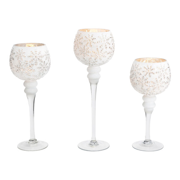Juego de 3 velas de viento con forma de copa y decoración de copos de nieve, de cristal blanco (alto) 30/35/40 cm Ø13 cm