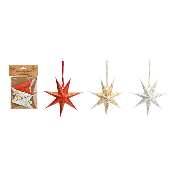 Juego de Para colgars navideñas con forma de estrella, 7 puntas y purpurina, juego de 3, papel/cartón, rojo, blanco, crema (ancho/alto/profundidad) 20 x 20 x 6 cm