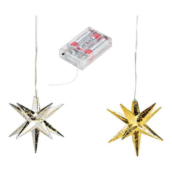 Estrella luminosa 3D, 1 LED blanco cálido, cable de alimentación de 1,5 m, funcionamiento con pilas 3xAA, temporizador 6/18, de plástico dorado (an./al./pr.) 12 x 12 x 12 cm