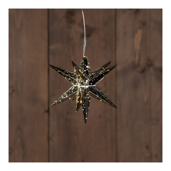 Estrella luminosa 3D, 1 LED blanco cálido, cable de alimentación de 1,5 m, funcionamiento con pilas 3xAA, temporizador 6/18, de plástico plateado (an./al./pr.) 12 x 12 x 12 cm