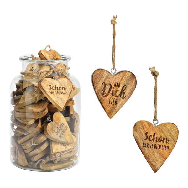 Para colgar corazón con letras madera de mango natural doble pliegue (ancho/alto/fondo) 7x8x1cm, 48 piezas en cristal 16x25x16xm