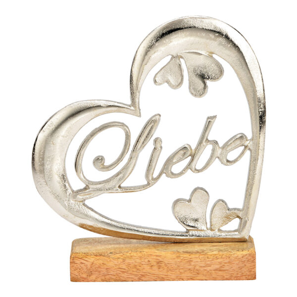 Soporte Herz Liebe de metal plateado sobre base de madera de mango (An./Al./Pr.) 18x20x5cm