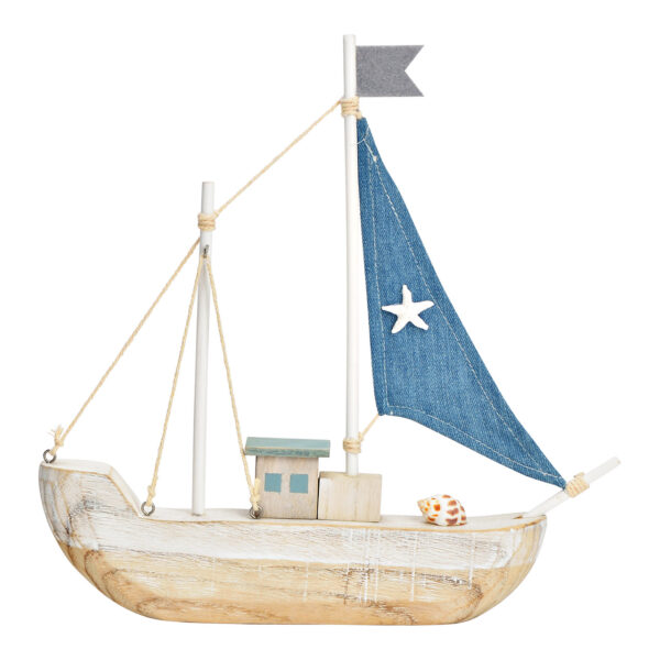 Barco marítimo de madera de paulownia azul (ancho/alto/profundidad) 28x29x4cm