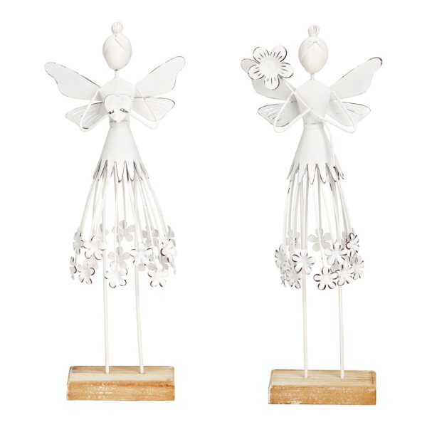 Figura de hada con flor y corazón sobre base de madera de metal blanco, 2 surtido, (An./Al./Pr.) 12 x 30 x 5 cm