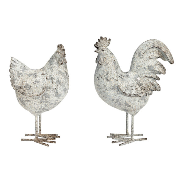 Gallina y gallo acabado antiguo de poli gris (An./Al./Pr.) 14x24x10cm